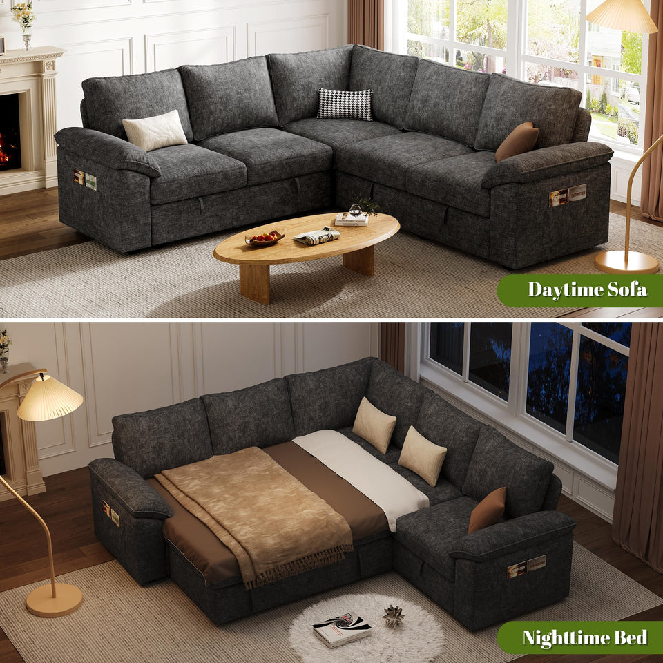 SUAWY 108 Inch Sectional Sleeper Sofa with Pull Out Bed,U Shaped 7 Seat Modular Sectional Sofa with Storage,Sectional Couches for Living Room,Cloud Modular Couch,Removable Sofa Cover,Dark Grey