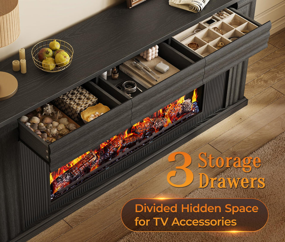 PRAISUN 70'' Fireplace TV Stand with 42'' Electric Fireplace, Farmhouse TV Stand for 65 75 Inch TV, Entertainment Center TV Console with 3 Drawers, Fluted Design, for Living Room, Distressed White