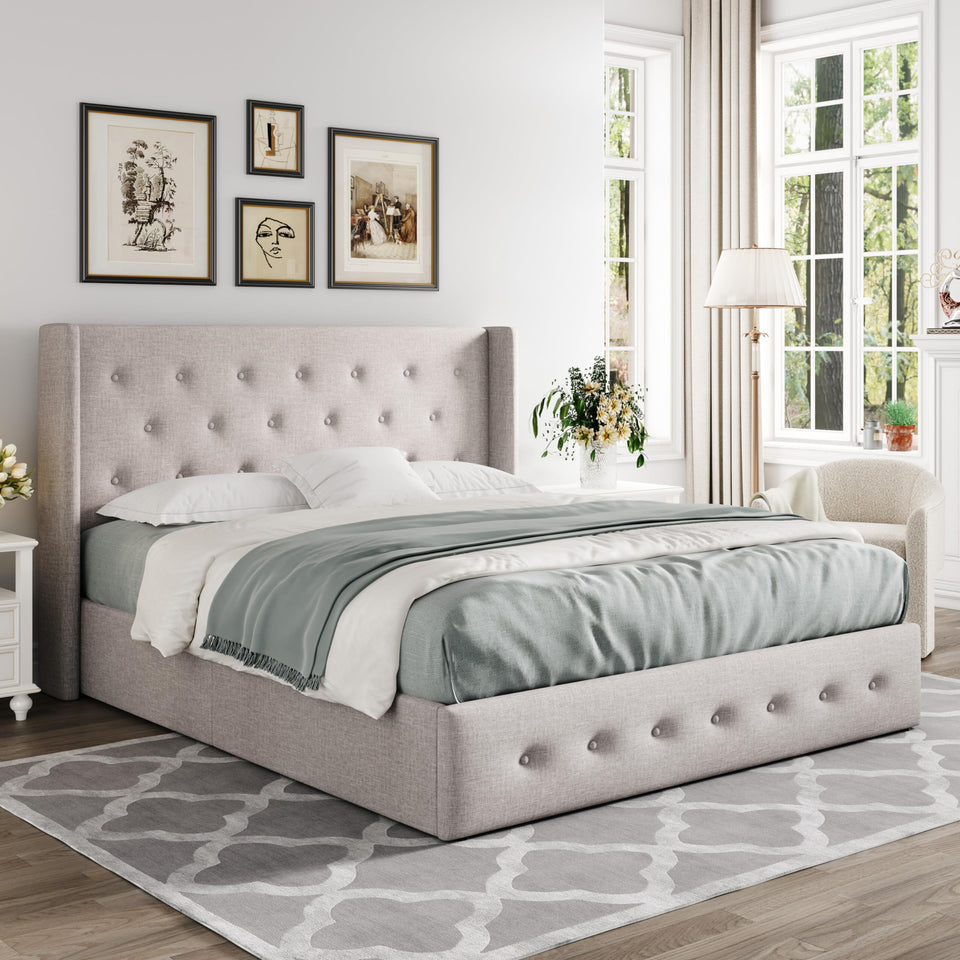 Allewie King Size Lift Up Storage Bed, Modern Wingback Headboard, Hydraulic Support, No Box Spring Needed, Light Beige