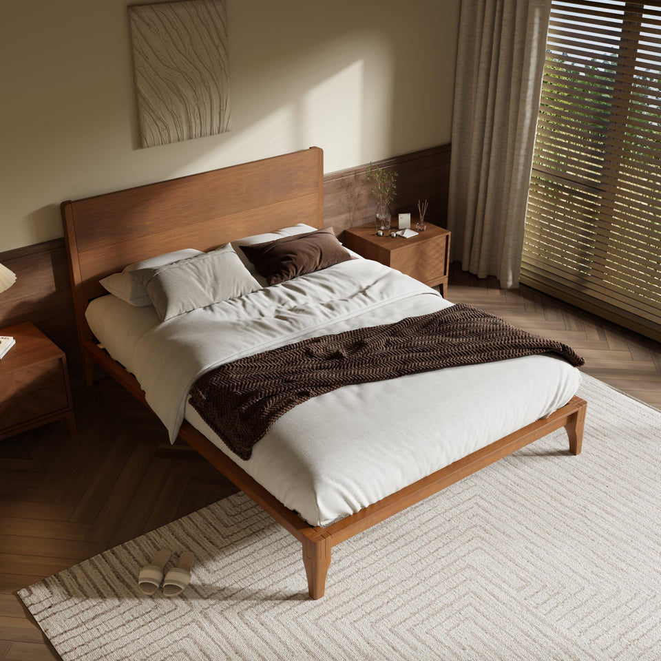 Merax Queen Size Bamboo Platform Bed, Mid-Century Modern Bed Frame with Tall Headboard, Solid Sustainable Bedframe Queen-size, Wood Slat Support, No Box Spring Needed, Easy Assembly, Noise Free, Brown