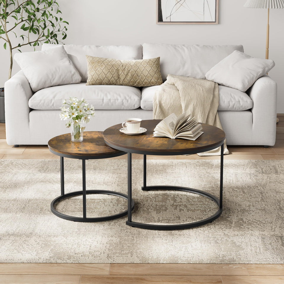 Smuxee Nesting Coffee Table Set of 2, 23.6" Round Coffee Table Wood Grain Top with Adjustable Non-Slip Feet, Industrial End Table Side Tables for Living Room Bedroom Balcony Yard