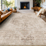 Neutral Living Room Rug - 10x14 Farmhouse Beige Brown Large Area Rug for Dining Room, Bedroom, Low Pile Lightweight Washable