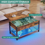 YITAHOME Lift Top Coffee Table with RGB Light, 3-in-1 Coffee Table with Power Outlets, Hidden & Open Storage, Adjustable Height, Wooden Dining Table for Living Room, Home Office, Brown