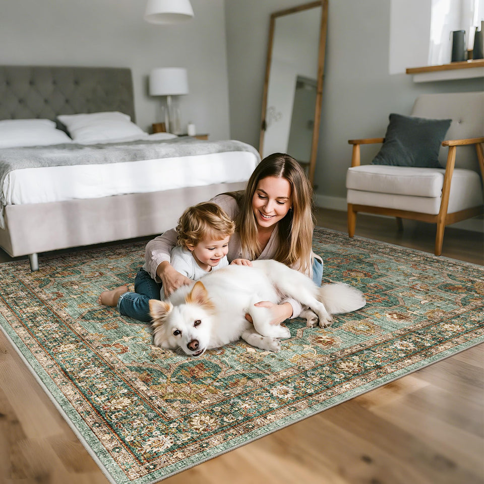 TOPRUUG Washable Oriental Area Rug - 12x15 Rugs for Living Room Soft Carpet for Bedroom Waterproof Floral Distressed Indoor Stain Resistant Non-Shedding Floor Carpets (Green, 12x15)