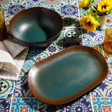 Bloomhouse Santorini Mist Double Bowl Terracotta Reactive Glaze Plates and Bowls Dinnerware Set - Amber, Service for Four (16pcs)