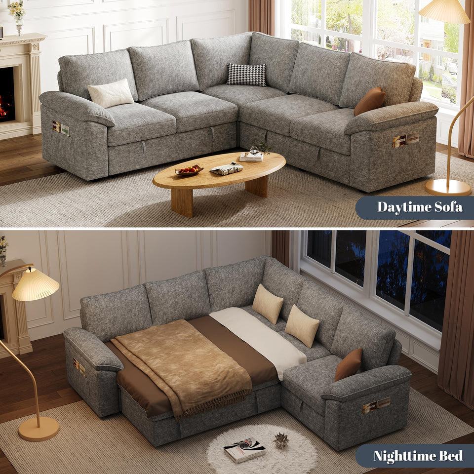 SUAWY 108 Inch Sectional Sleeper Sofa with Pull Out Bed,U Shaped 7 Seat Modular Sectional Sofa with Storage,Sectional Couches for Living Room,Cloud Modular Couch,Removable Sofa Cover,Dark Grey