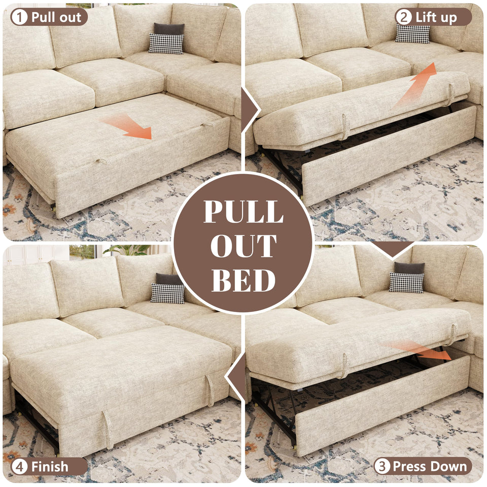 SUAWY 108 Inch Sectional Sleeper Sofa with Pull Out Bed,U Shaped 7 Seat Modular Sectional Sofa with Storage,Sectional Couches for Living Room,Cloud Modular Couch,Removable Sofa Cover,Dark Grey