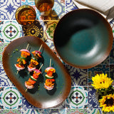 Bloomhouse Santorini Mist Double Bowl Terracotta Reactive Glaze Plates and Bowls Dinnerware Set - Amber, Service for Four (16pcs)