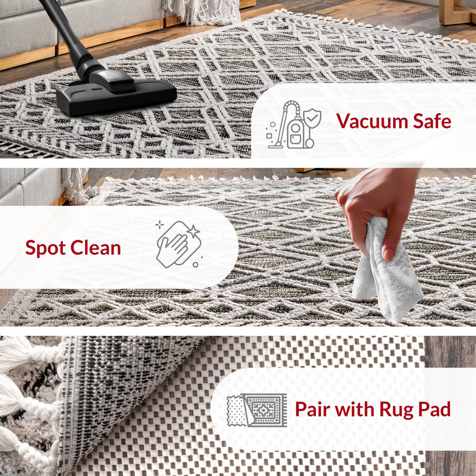 nuLOOM 8x11 Ansley Moroccan Tassel Area Rug, Light Grey, High-Low Textured Bohemian Design, Plush High Pile, Stain Resistant, For Bedroom, Living Room, Hallway, Entryway