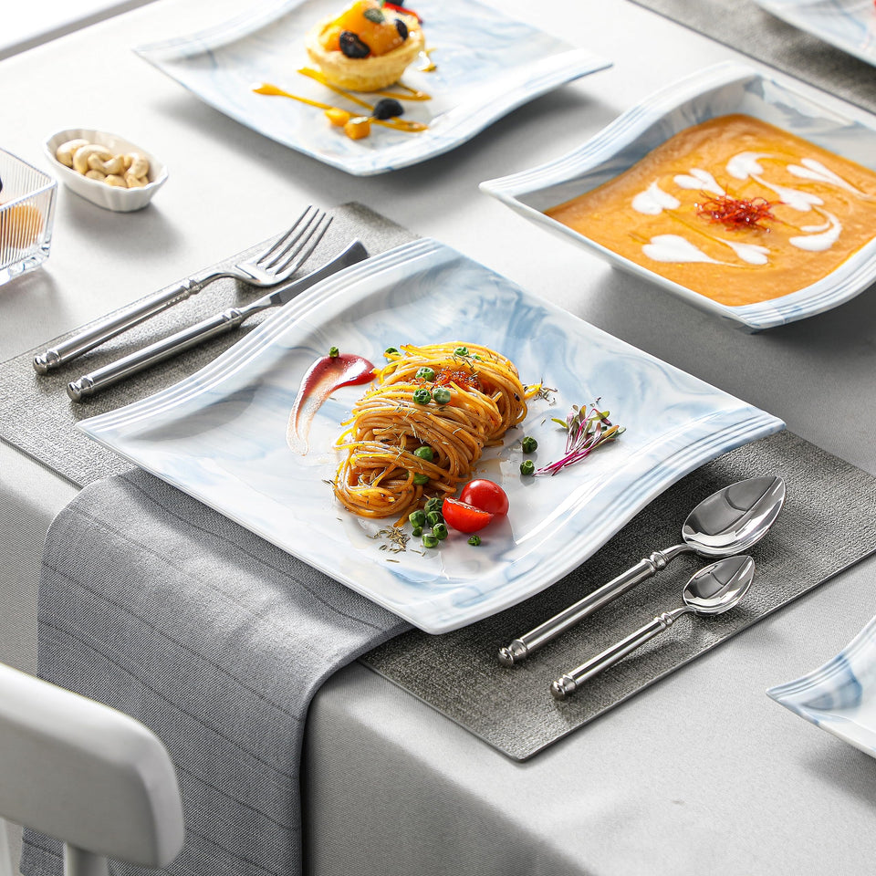 MALACASA Ivory White Dinnerware Sets, 30-Piece Porcelain Plates and Bowls Sets, Modern Dish Set for 6, Square Plates Dinnerware Set Kitchen Dishware Sets, Microwave and Dishwasher Safe, Series Flora