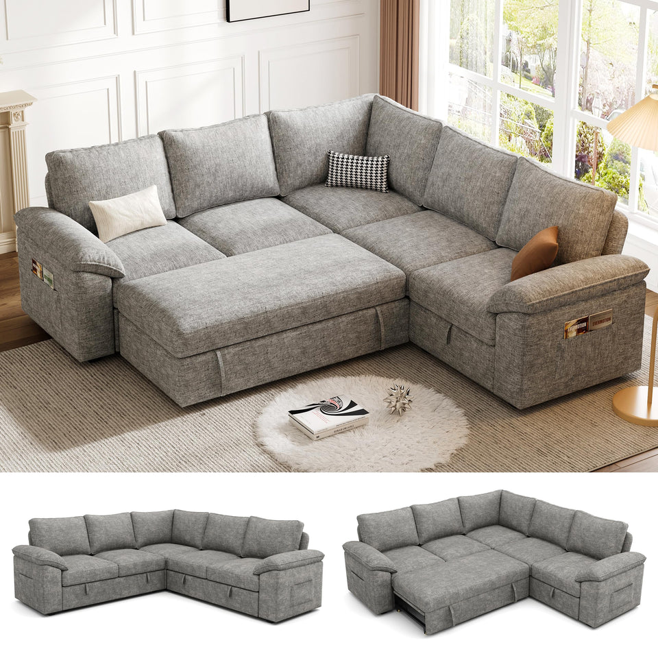 SUAWY 108 Inch Sectional Sleeper Sofa with Pull Out Bed,U Shaped 7 Seat Modular Sectional Sofa with Storage,Sectional Couches for Living Room,Cloud Modular Couch,Removable Sofa Cover,Dark Grey