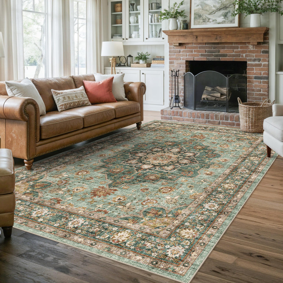 TOPRUUG Washable Oriental Area Rug - 12x15 Rugs for Living Room Soft Carpet for Bedroom Waterproof Floral Distressed Indoor Stain Resistant Non-Shedding Floor Carpets (Green, 12x15)