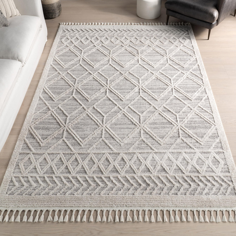 nuLOOM 8x11 Ansley Moroccan Tassel Area Rug, Light Grey, High-Low Textured Bohemian Design, Plush High Pile, Stain Resistant, For Bedroom, Living Room, Hallway, Entryway