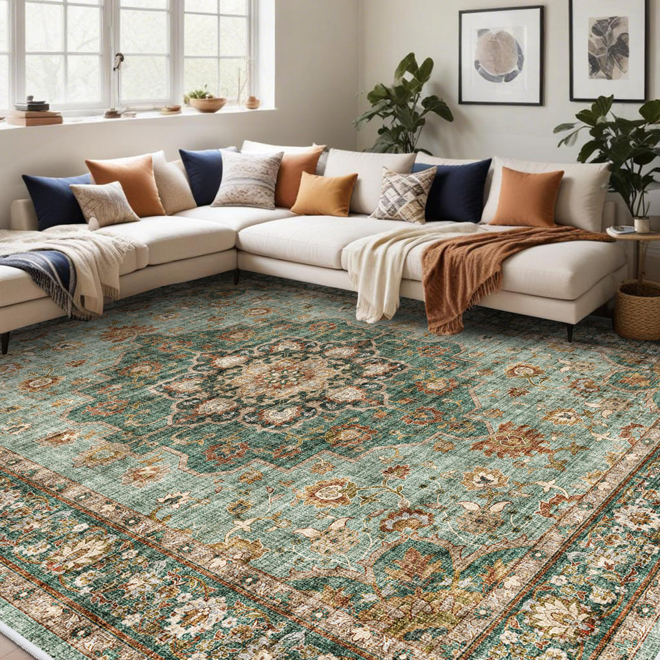 TOPRUUG Washable Oriental Area Rug - 12x15 Rugs for Living Room Soft Carpet for Bedroom Waterproof Floral Distressed Indoor Stain Resistant Non-Shedding Floor Carpets (Green, 12x15)