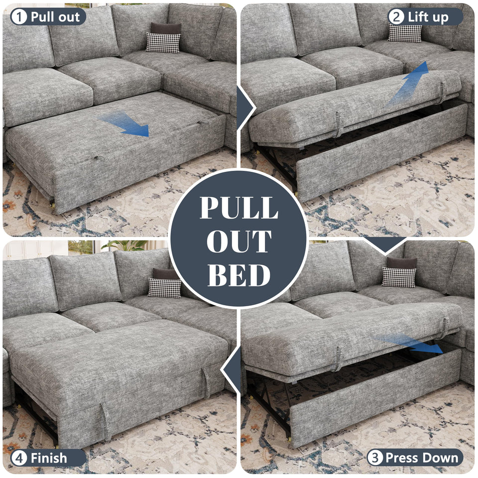 SUAWY 108 Inch Sectional Sleeper Sofa with Pull Out Bed,U Shaped 7 Seat Modular Sectional Sofa with Storage,Sectional Couches for Living Room,Cloud Modular Couch,Removable Sofa Cover,Dark Grey