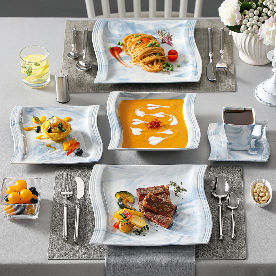 MALACASA Ivory White Dinnerware Sets, 30-Piece Porcelain Plates and Bowls Sets, Modern Dish Set for 6, Square Plates Dinnerware Set Kitchen Dishware Sets, Microwave and Dishwasher Safe, Series Flora